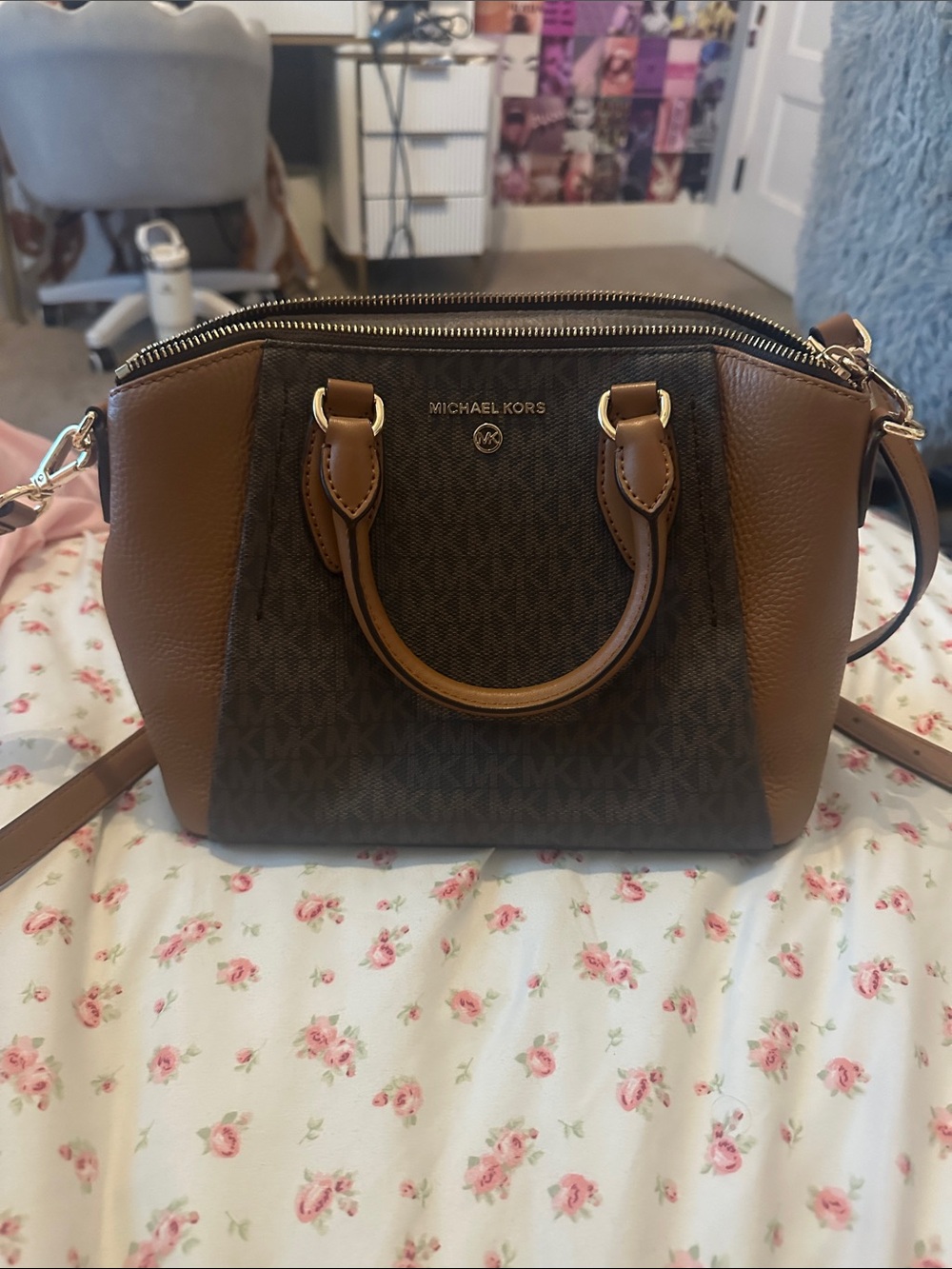 MICHAEL KORS Brown Logo Print Satchel with Tan Trim